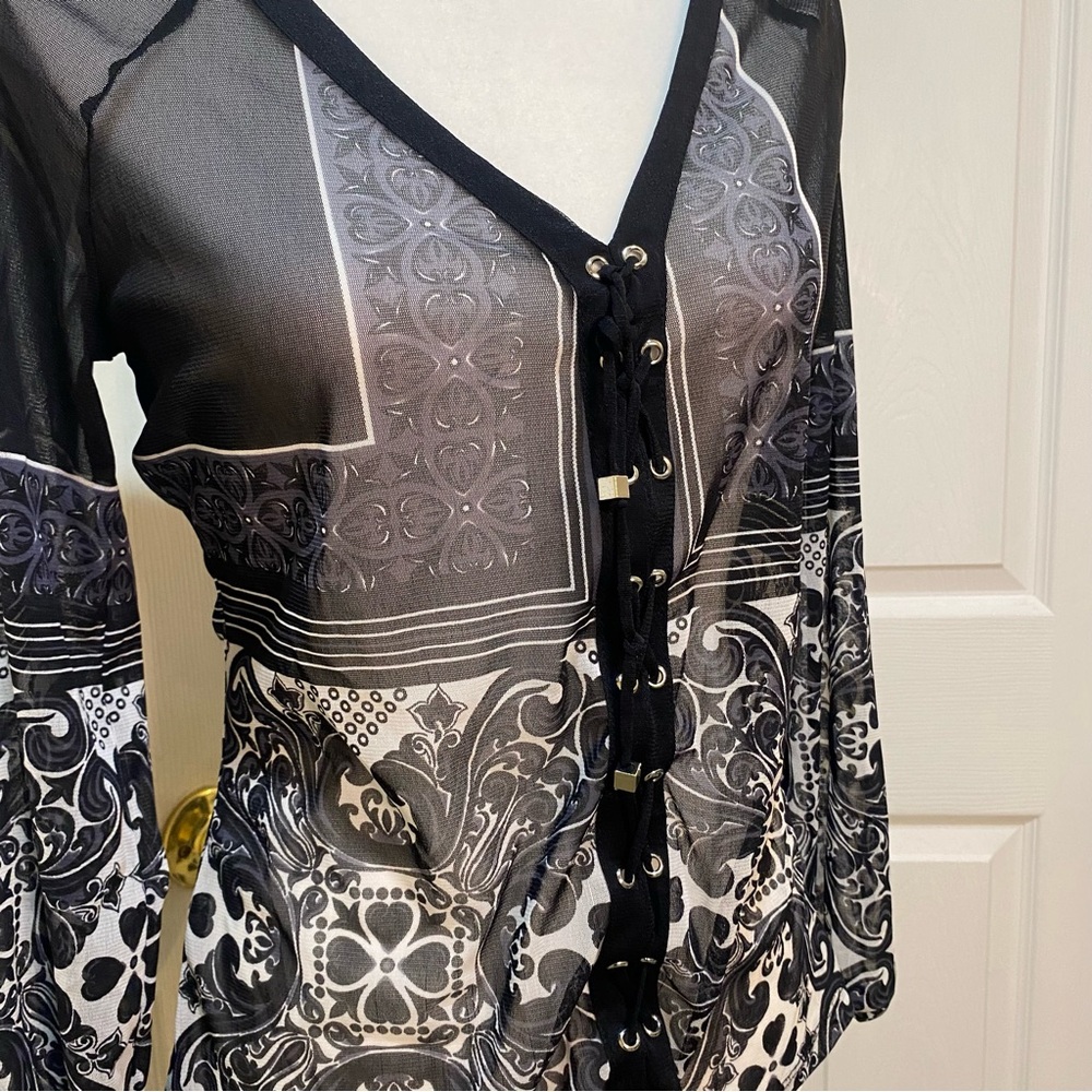 INC International Concepts Black and White Sheer Blouse - Picture 2 of 4